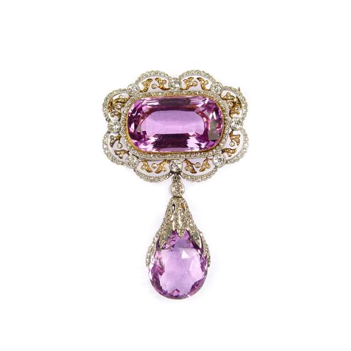 Antique pink topaz and diamond drop pendant brooch